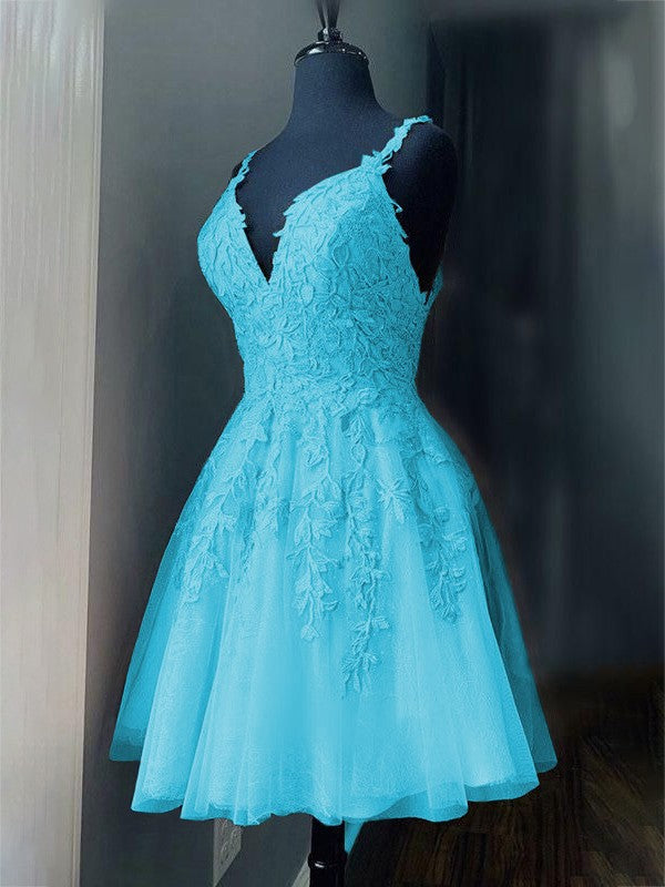 A-Line/Princess Tulle Applique V-neck Sleeveless Short/Mini Prom Dress