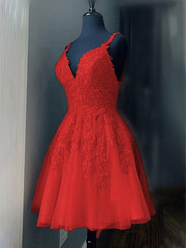 A-Line/Princess Tulle Applique V-neck Sleeveless Short/Mini Prom Dress
