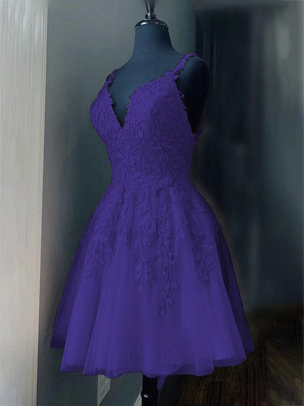 A-Line/Princess Tulle Applique V-neck Sleeveless Short/Mini Prom Dress