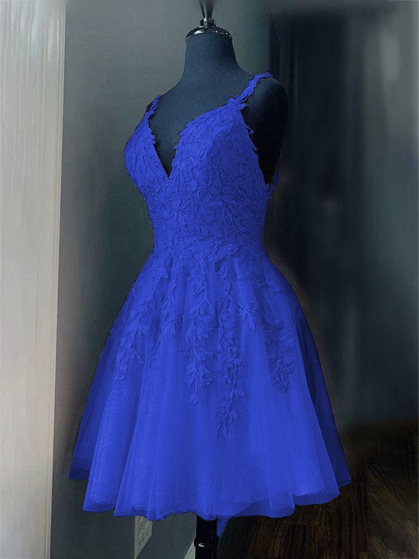 A-Line/Princess Tulle Applique V-neck Sleeveless Short/Mini Prom Dress