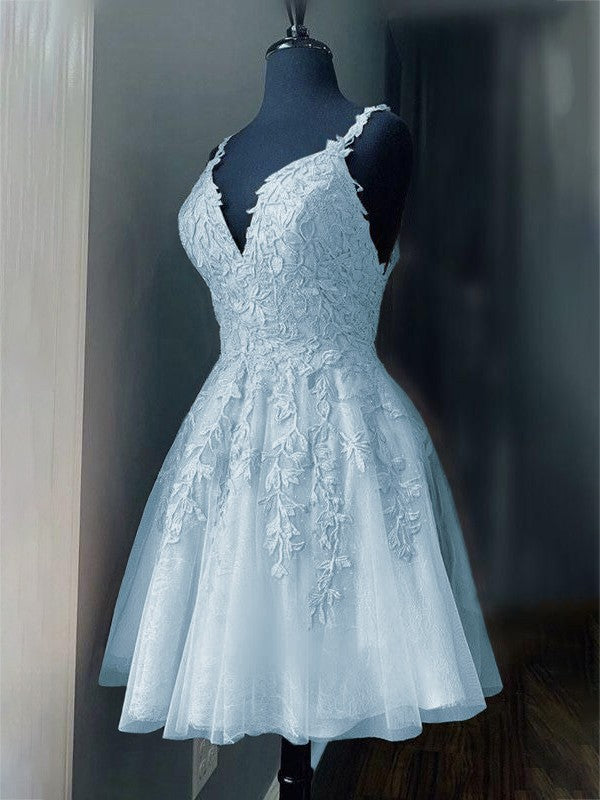 A-Line/Princess Tulle Applique V-neck Sleeveless Short/Mini Prom Dress