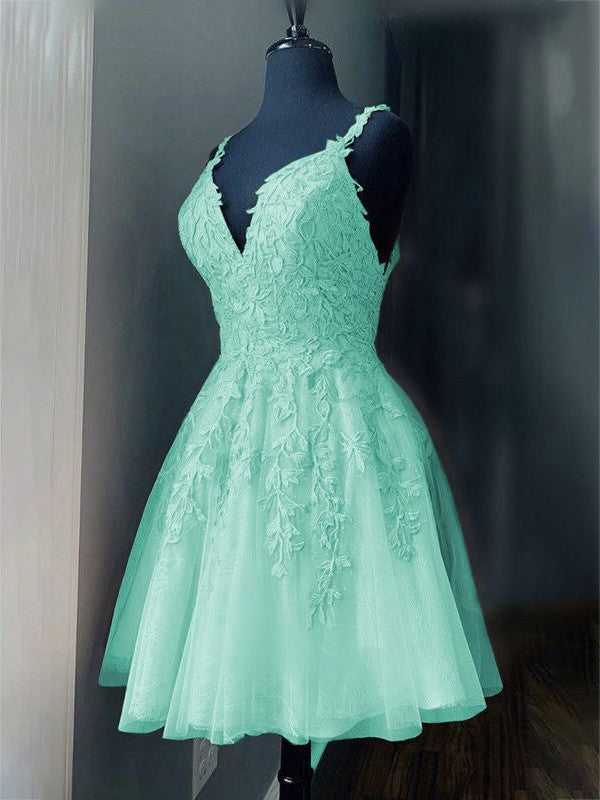 A-Line/Princess Tulle Applique V-neck Sleeveless Short/Mini Prom Dress