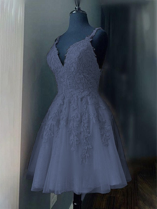 A-Line/Princess Tulle Applique V-neck Sleeveless Short/Mini Prom Dress
