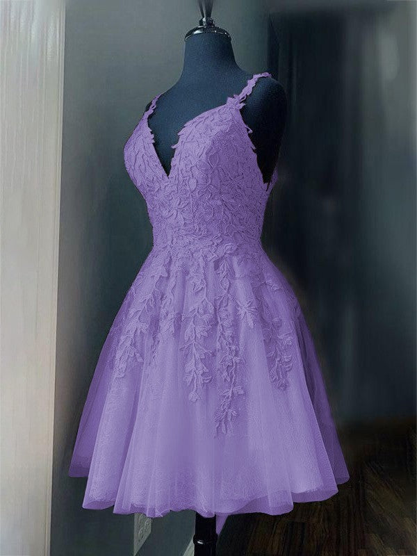A-Line/Princess Tulle Applique V-neck Sleeveless Short/Mini Prom Dress