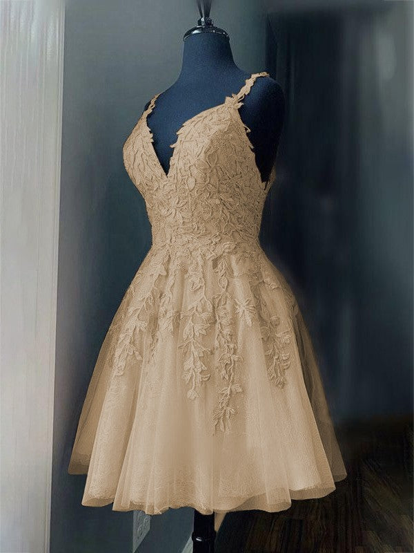 A-Line/Princess Tulle Applique V-neck Sleeveless Short/Mini Prom Dress