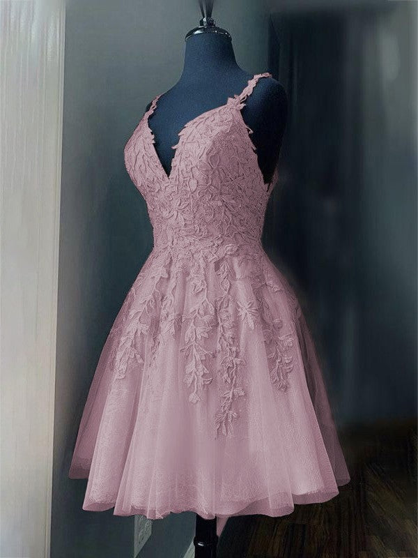 A-Line/Princess Tulle Applique V-neck Sleeveless Short/Mini Prom Dress