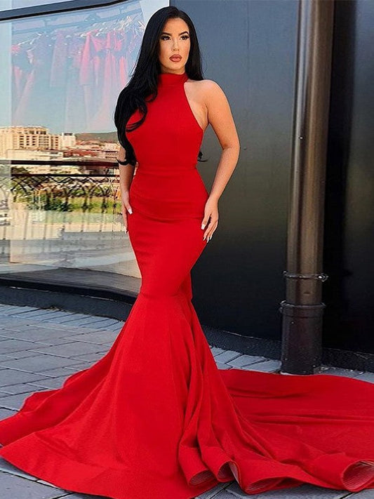 Fancy Red Mermaid Stretch Crepe Ruffles Halter Sleeveless Chapel Train Prom Dress
