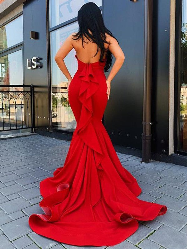 Fancy Red Mermaid Stretch Crepe Ruffles Halter Sleeveless Chapel Train Prom Dress