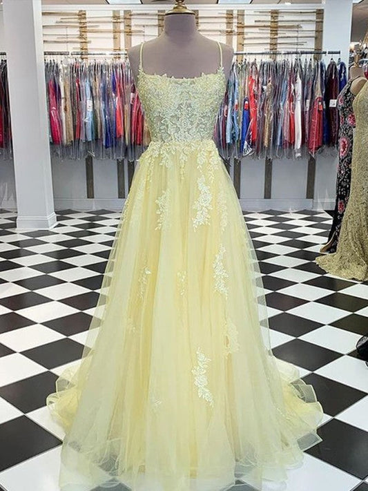 Fancy Daffodil A-Line Tulle Applique Spaghetti Straps Sleeveless Sweep/Brush Train Prom Dress