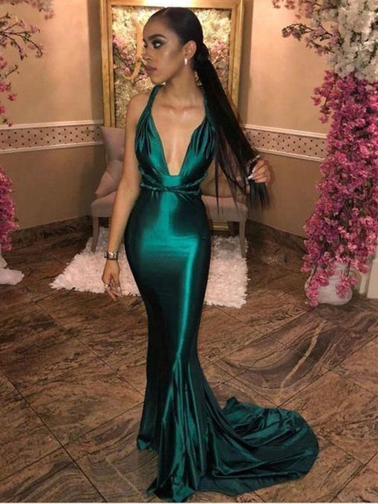 Fancy Dark Green Sheath Silk like Satin Ruched V-neck Sleeveless Sweep/Brush Train Prom Dress