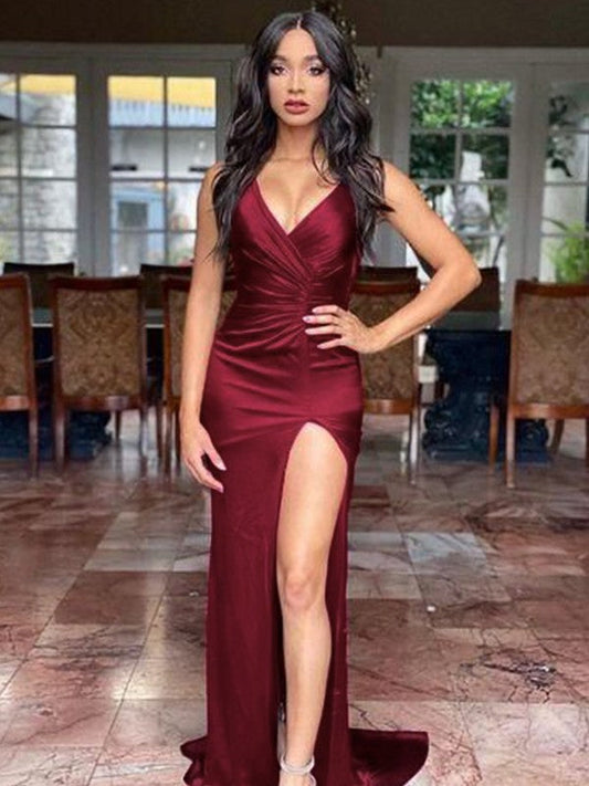 Fancy Burgundy Sheath Silk like Satin Ruched V-neck Sleeveless Sweep/Brush Train Prom Dress