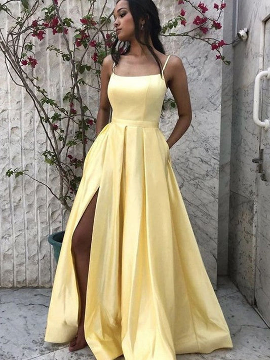 Fancy Daffodil A-Line Satin Ruffles Spaghetti Straps Sleeveless Sweep/Brush Train Prom Dress