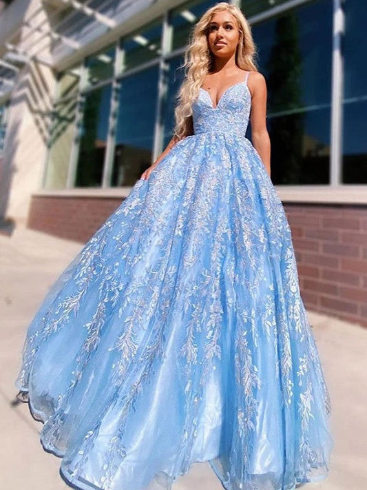 Fancy Blue A-Line Lace Applique V-neck Sleeveless Sweep/Brush Train Prom Dress