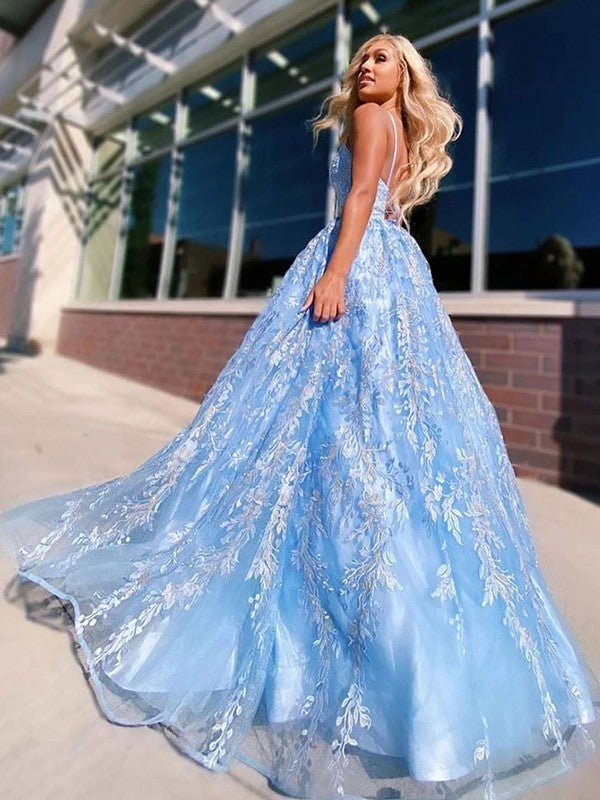 Fancy Blue A-Line Lace Applique V-neck Sleeveless Sweep/Brush Train Prom Dress