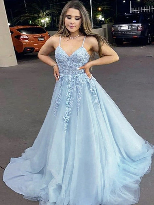 Gorgeous Light Sky Blue A-Line Tulle Applique V-neck Sleeveless Sweep/Brush Train Prom Dress