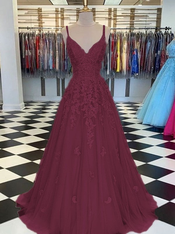 Gorgeous Pearl Pink A-Line Tulle Applique V-neck Sleeveless Floor-Length Prom Dress