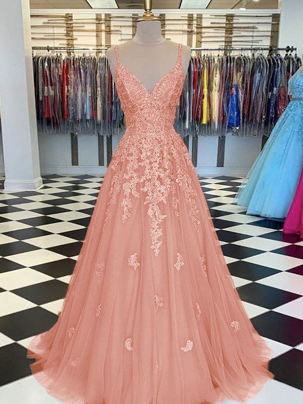 Gorgeous Pearl Pink A-Line Tulle Applique V-neck Sleeveless Floor-Length Prom Dress