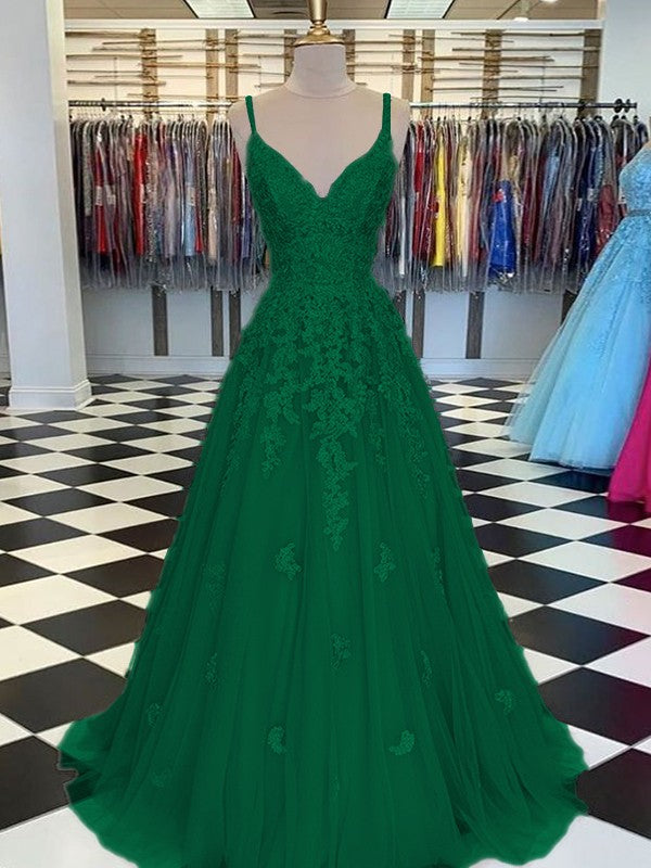 Gorgeous Pearl Pink A-Line Tulle Applique V-neck Sleeveless Floor-Length Prom Dress