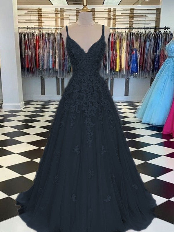 Gorgeous Pearl Pink A-Line Tulle Applique V-neck Sleeveless Floor-Length Prom Dress