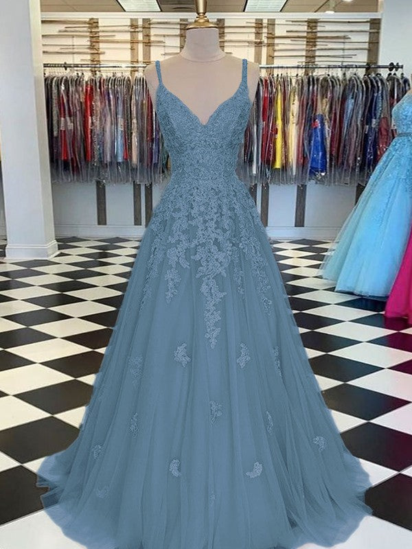 Gorgeous Pearl Pink A-Line Tulle Applique V-neck Sleeveless Floor-Length Prom Dress