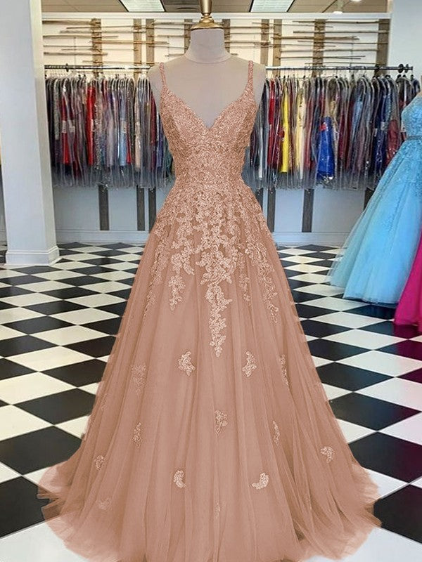 Gorgeous Pearl Pink A-Line Tulle Applique V-neck Sleeveless Floor-Length Prom Dress