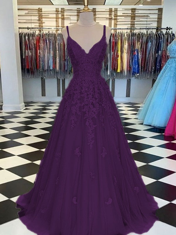 Gorgeous Pearl Pink A-Line Tulle Applique V-neck Sleeveless Floor-Length Prom Dress