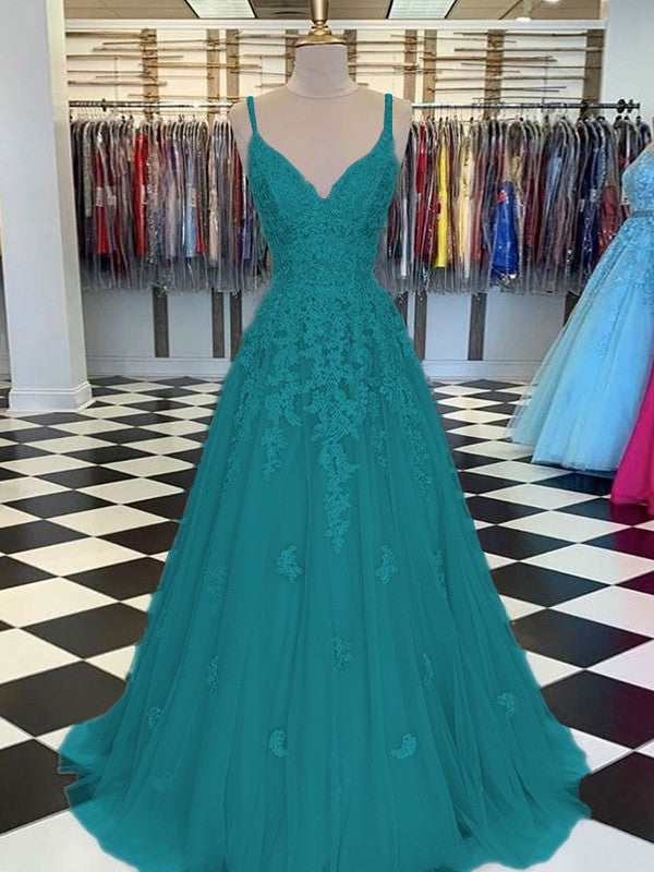 Gorgeous Pearl Pink A-Line Tulle Applique V-neck Sleeveless Floor-Length Prom Dress
