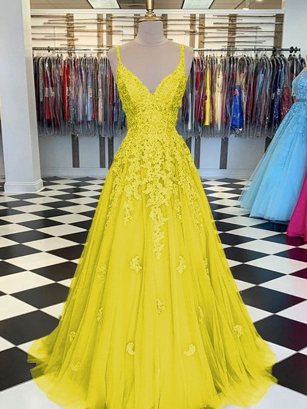 Gorgeous Pearl Pink A-Line Tulle Applique V-neck Sleeveless Floor-Length Prom Dress