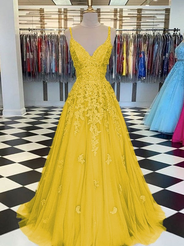 Gorgeous Pearl Pink A-Line Tulle Applique V-neck Sleeveless Floor-Length Prom Dress