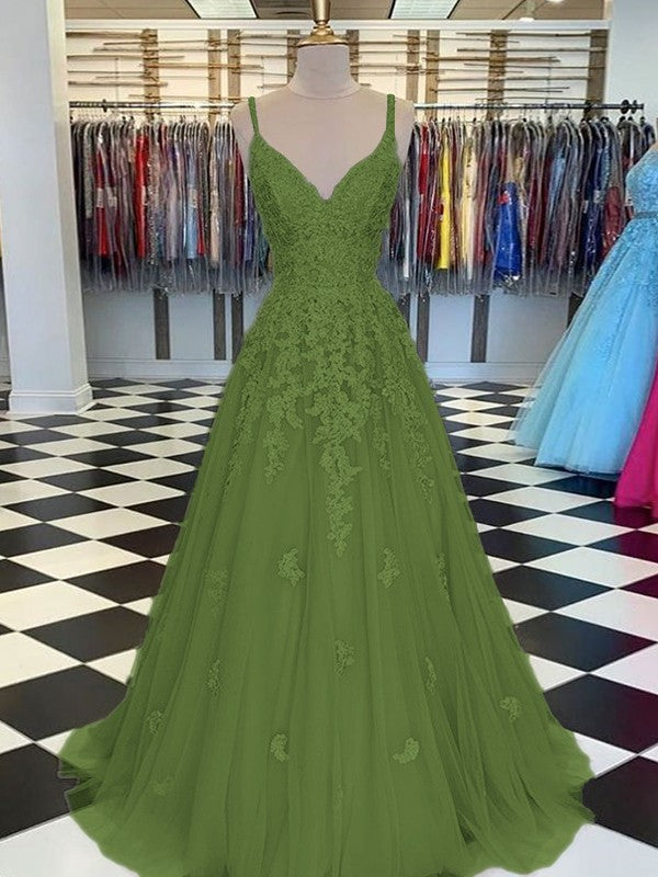 Gorgeous Pearl Pink A-Line Tulle Applique V-neck Sleeveless Floor-Length Prom Dress