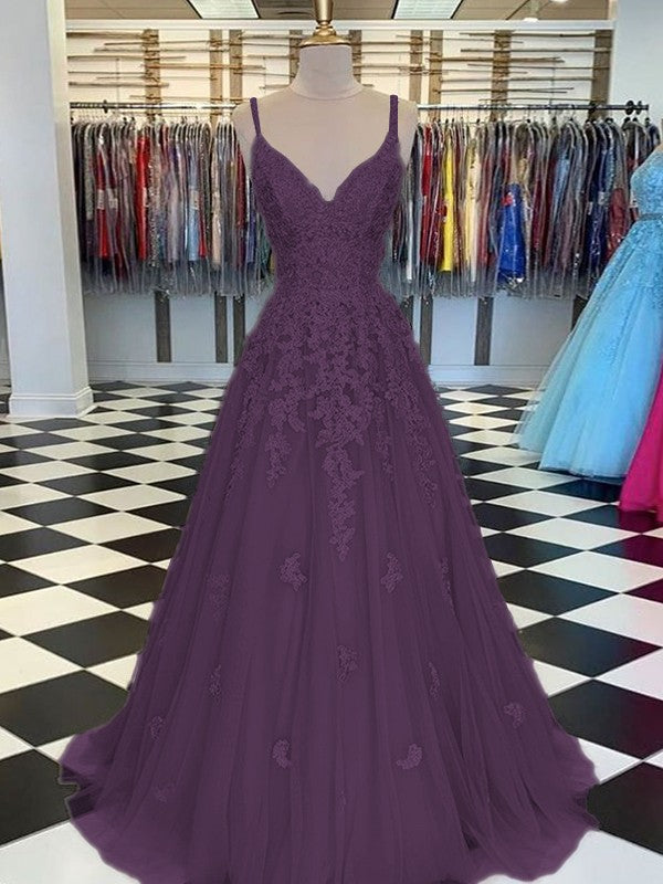 Gorgeous Pearl Pink A-Line Tulle Applique V-neck Sleeveless Floor-Length Prom Dress