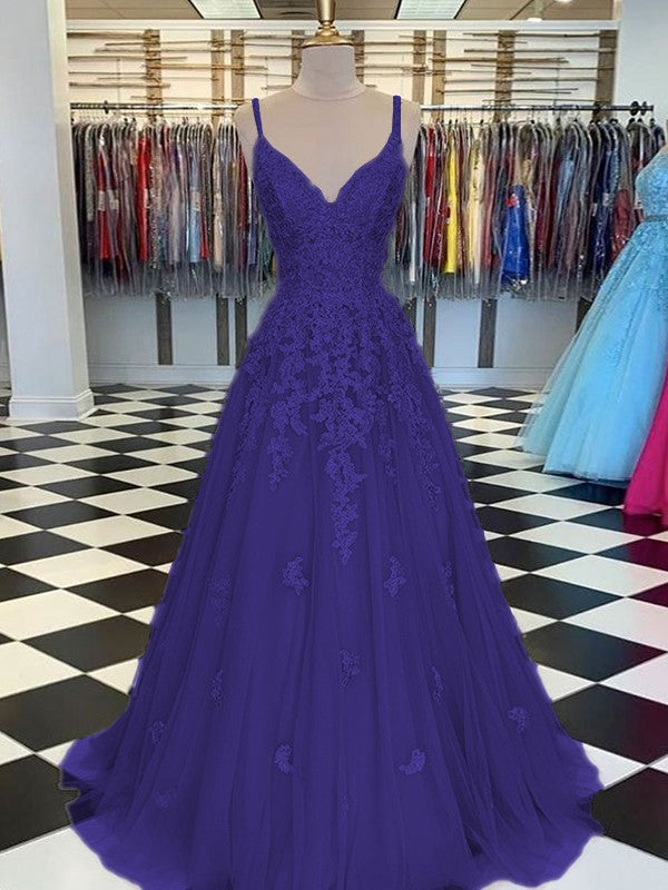 Gorgeous Pearl Pink A-Line Tulle Applique V-neck Sleeveless Floor-Length Prom Dress