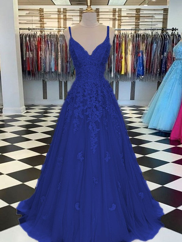 Gorgeous Pearl Pink A-Line Tulle Applique V-neck Sleeveless Floor-Length Prom Dress