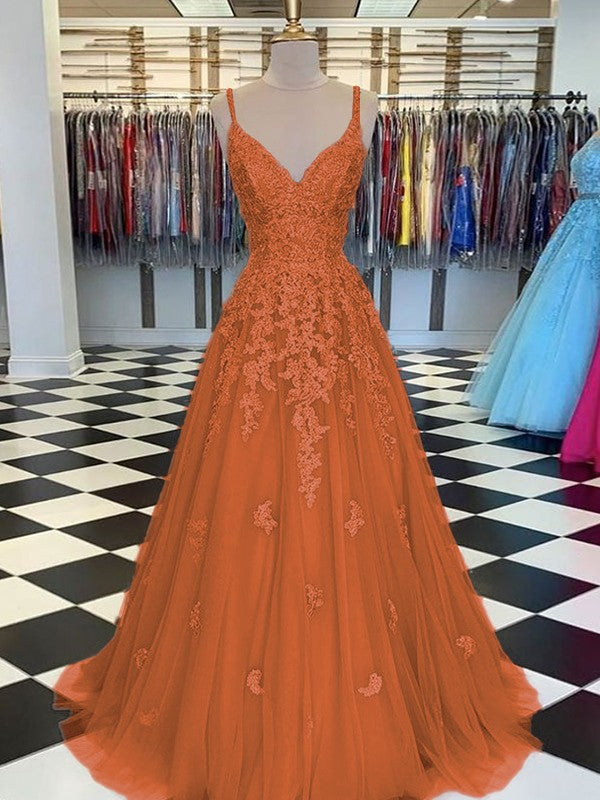 Gorgeous Pearl Pink A-Line Tulle Applique V-neck Sleeveless Floor-Length Prom Dress