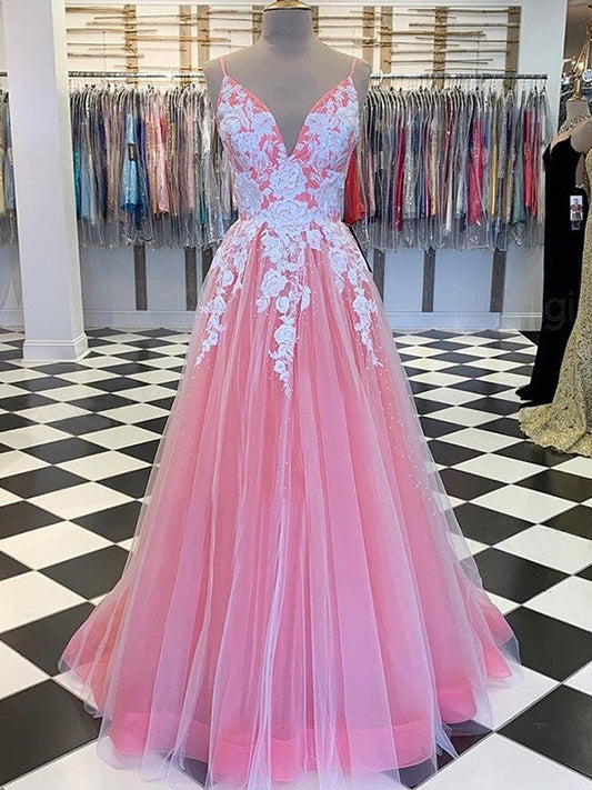 Gorgeous Pink A-Line Tulle Applique V-neck Sleeveless Floor-Length Prom Dress