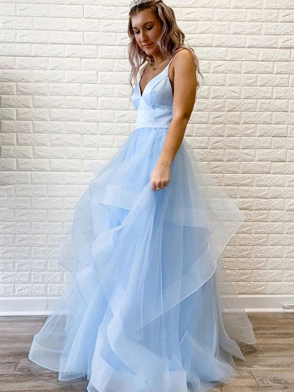 Super Pink A-Line Tulle Ruffles V-neck Sleeveless Floor-Length Prom Dress