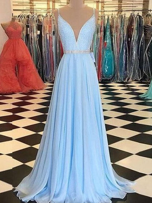 Lovely Blue A-Line Chiffon Ruffles V-neck Sleeveless Sweep/Brush Train Prom Dress