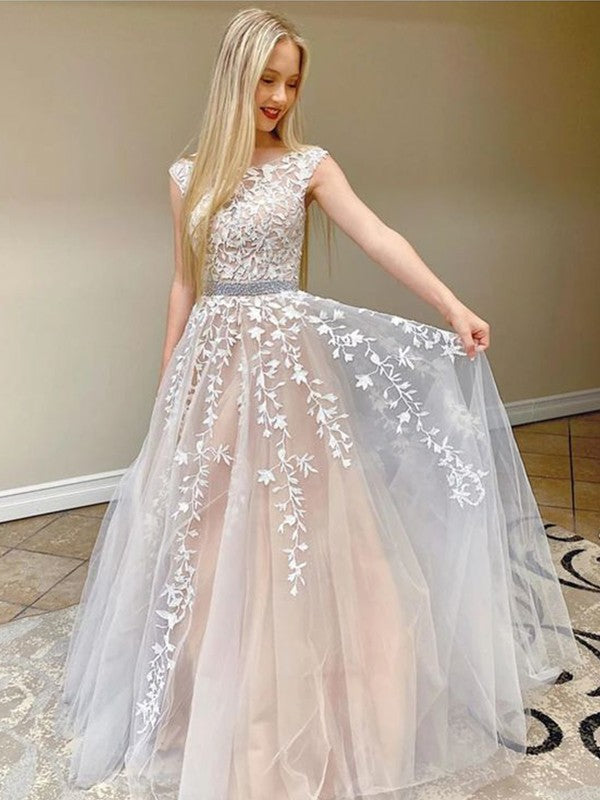 Lovely Champagne A-Line Tulle Applique Bateau Sleeveless Floor-Length Prom Dress