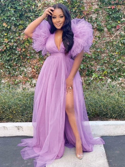 A-Line Tulle Ruffles V-neck Sleeveless Sweep/Brush Train Prom Dress