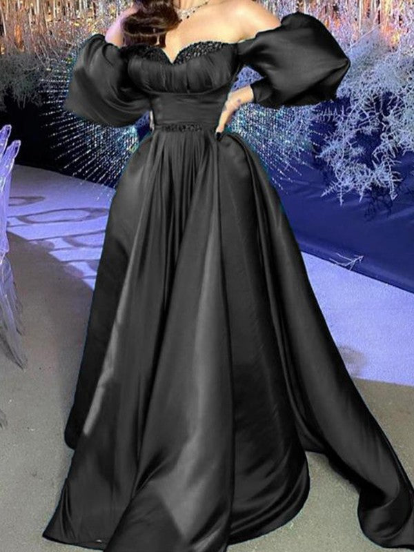 Lovely Black A-Line Satin Ruffles Off-the-Shoulder Long Sleeves Sweep/Brush Train Prom Dress