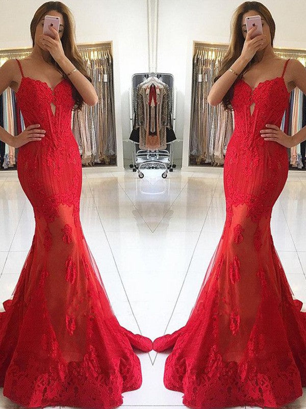 Lovely Red Mermaid Lace Applique Sweetheart Sleeveless Sweep/Brush Train Prom Dress