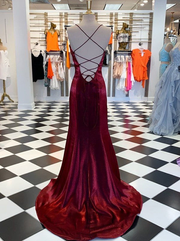 Fancy Burgundy A-Line Velvet Ruffles Spaghetti Straps Sleeveless Sweep/Brush Train Prom Dress