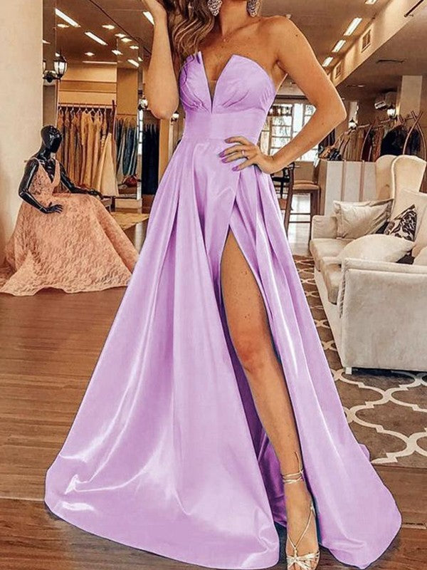 Gorgeous Lilac A-Line Satin Ruffles Strapless Sleeveless Sweep/Brush Train Prom Dress