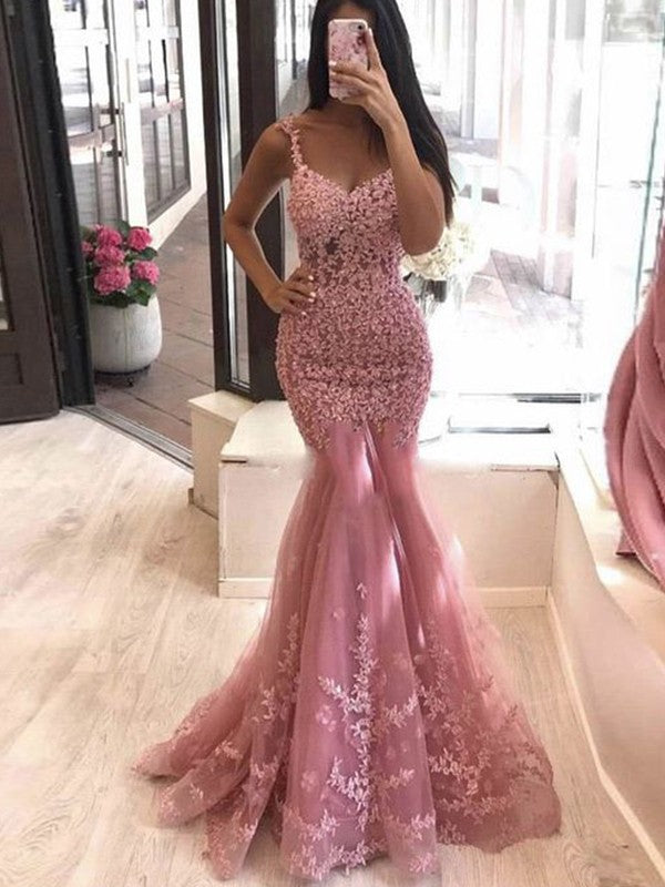 Gorgeous Watermelon Mermaid Lace Applique V-neck Sleeveless Sweep/Brush Train Prom Dress