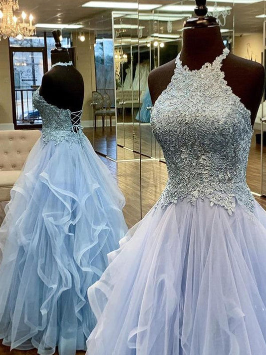 Gorgeous Blue A-Line Tulle Applique Halter Sleeveless Floor-Length Prom Dress