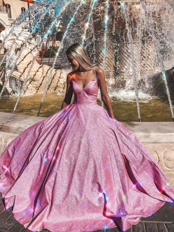 Gorgeous Pink A-Line Ruffles V-neck Sleeveless Sweep/Brush Train Prom Dress