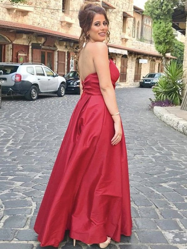 Super Red A-Line Satin Ruffles Sweetheart Sleeveless Floor-Length Prom Dress