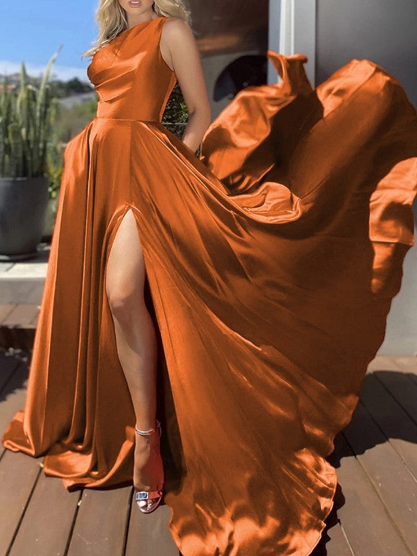 Super Orange A-Line Silk like Satin Ruffles One-Shoulder Sleeveless Sweep/Brush Train Prom Dress