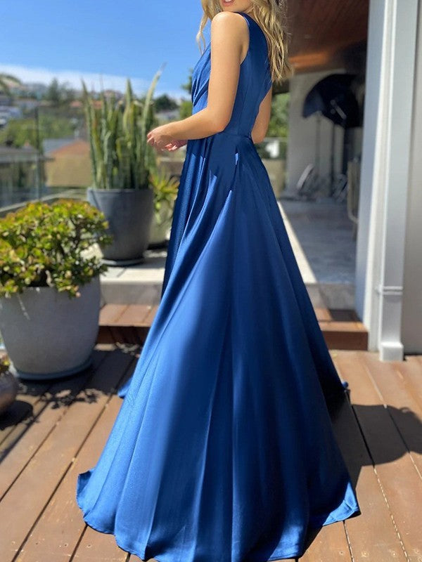 Super Orange A-Line Silk like Satin Ruffles One-Shoulder Sleeveless Sweep/Brush Train Prom Dress