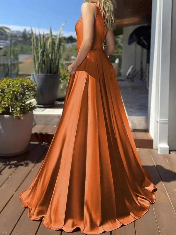 Super Orange A-Line Silk like Satin Ruffles One-Shoulder Sleeveless Sweep/Brush Train Prom Dress